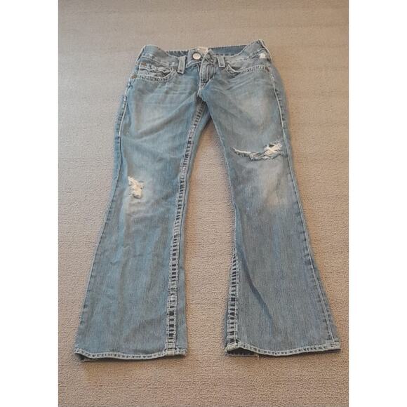 True Religion Womens 32 Light Wash Blue Bootcut Distressed Ripped Jeans - Picture 1 of 16